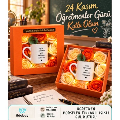 Öğretmen Porselen Fincanlı Işıklı Gül Kutusu