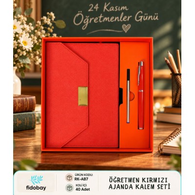 Öğretmen Kırmızı Ajanda Kalem Seti