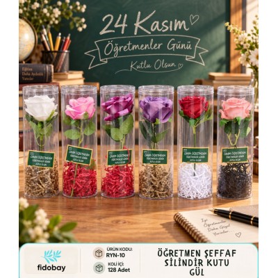 Öğretmen Şeffaf Silindir Kutu Gül