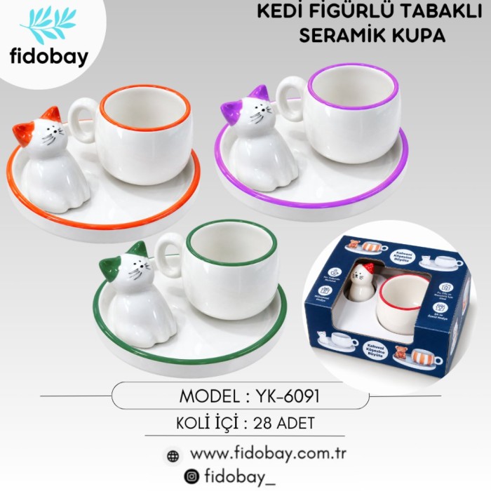 Kedi Figürlü Tabaklı Seramik Fincan