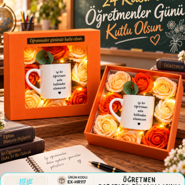 EX-HR117 - ÖĞRETMEN PORSELEN FİNCANLI IŞIKLI GÜL KUTUSU