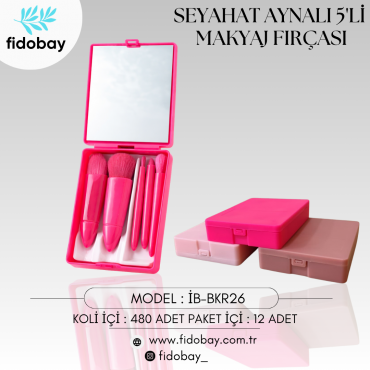 İB-BKR26 - SEYAHAT AYNALI 5'Lİ MAKYAJ FIRÇASI BOX12